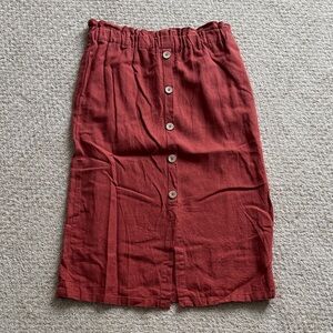 Love Tree | Linen Blend Button Front Stretch Waist Midi Skirt in Orange | Size M